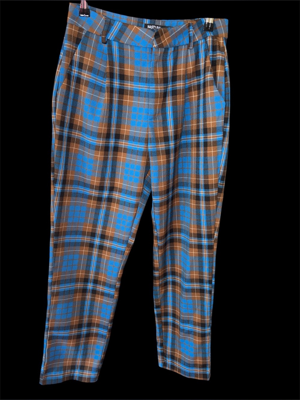 Nasty Gal Blue and Brown Plaid Slim Chinos 0